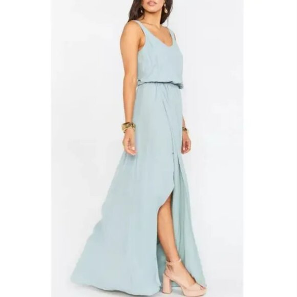 Show Me Your Mumu Kendall V-Neck Maxi Dress in Silver Sage Crisp Chiffon NWT - Picture 4 of 17